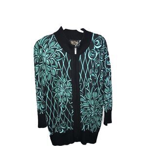 Bob Mackie Wearable Art Knit Coat Sweater Full Zip Small Black Teal Blue Floral*